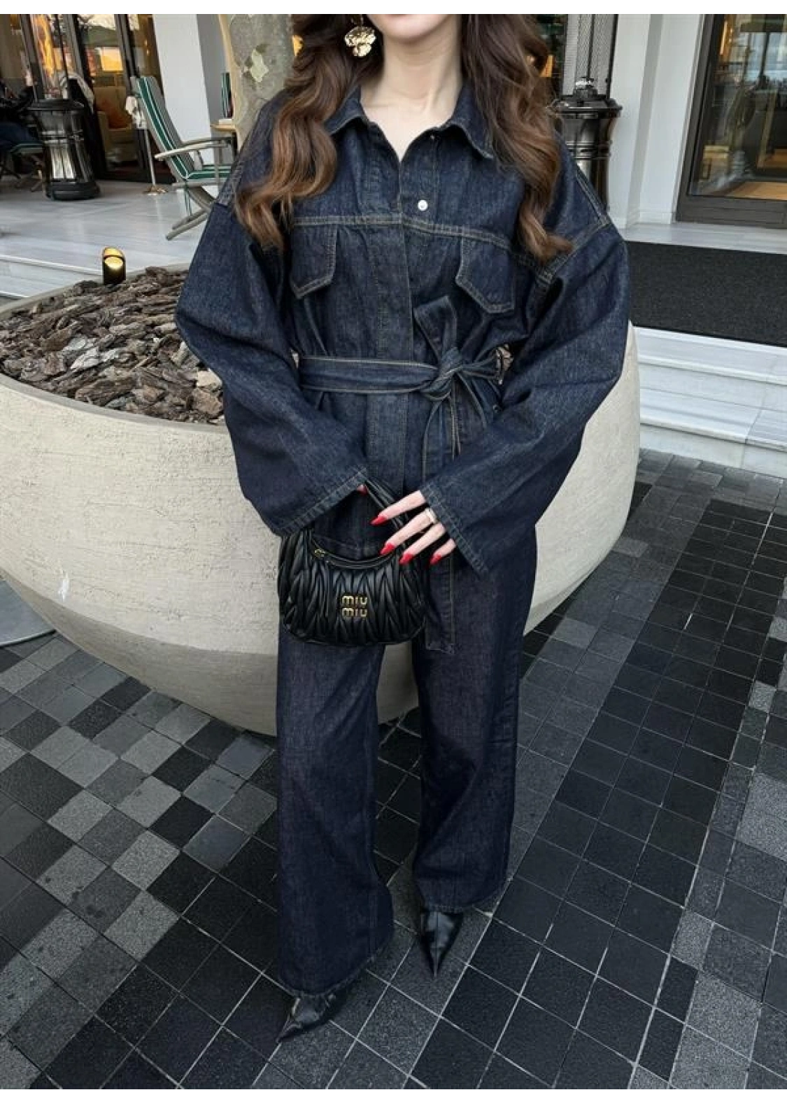 Kuşaklı Koyu Denim Takım
