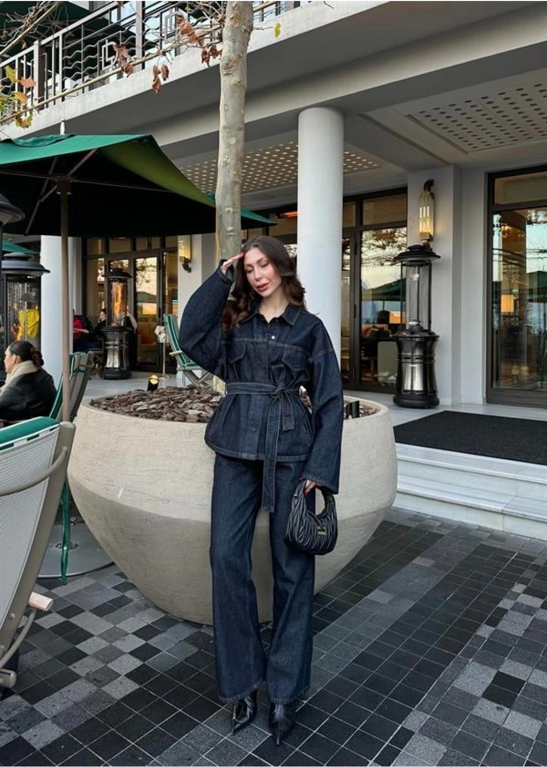 Kuşaklı Koyu Denim Takım