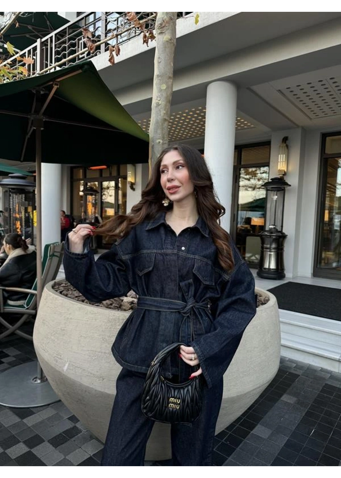 Kuşaklı Koyu Denim Takım