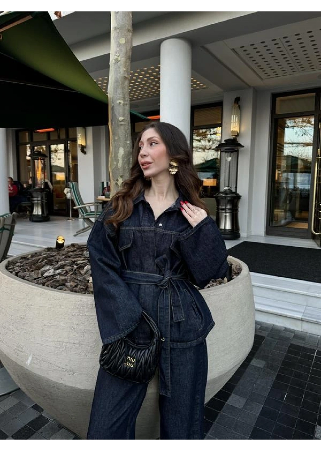 Kuşaklı Koyu Denim Takım