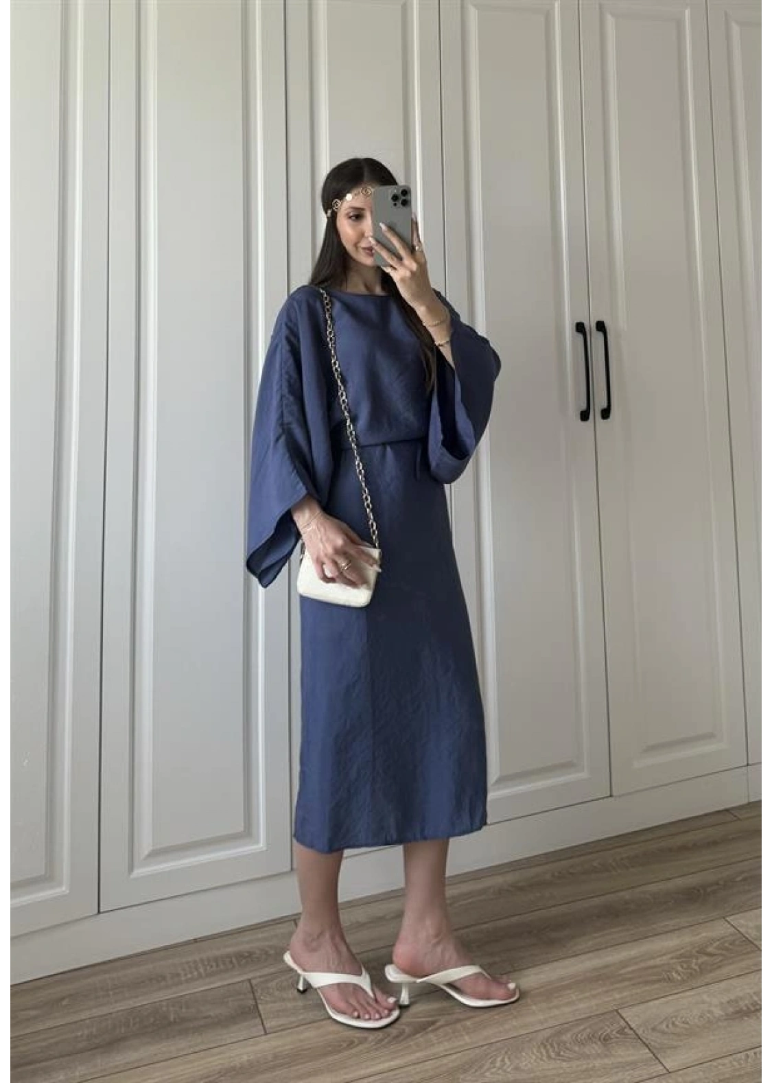 Laila Tensel Basic Kuşaklı İndigo  Elbise