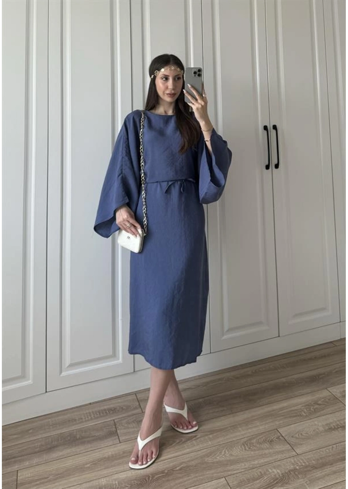 Laila Tensel Basic Kuşaklı İndigo  Elbise