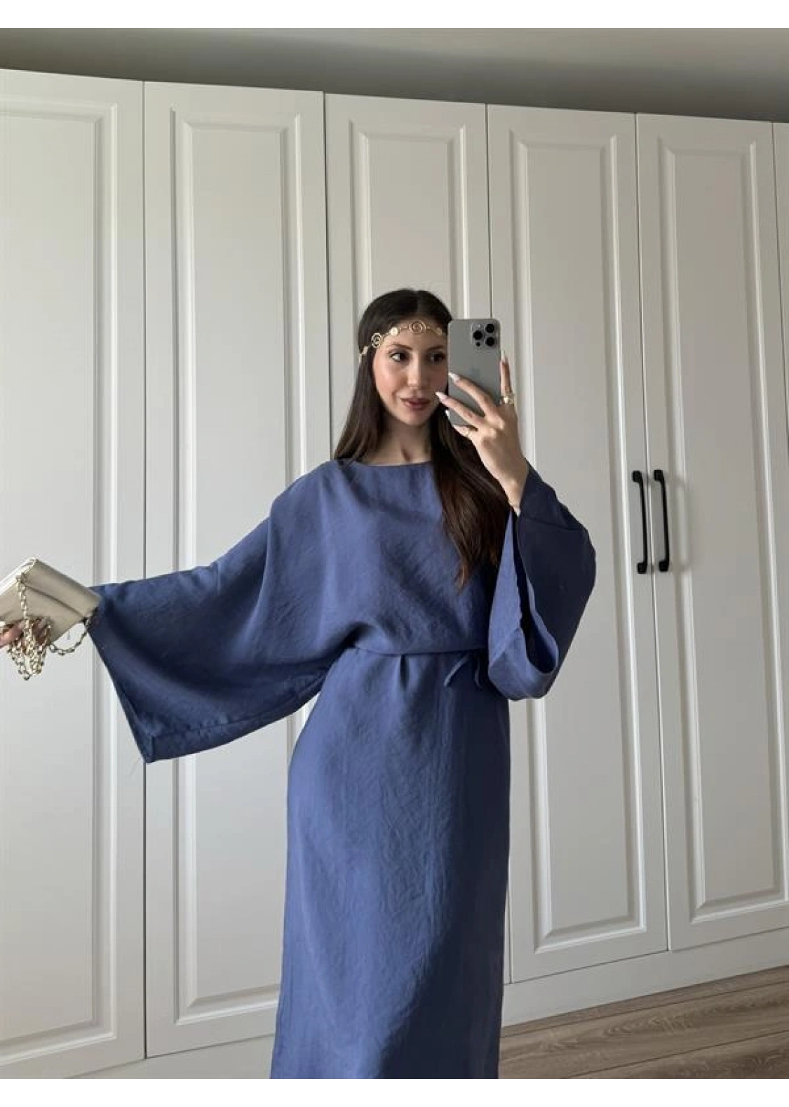 Laila Tensel Basic Kuşaklı İndigo  Elbise