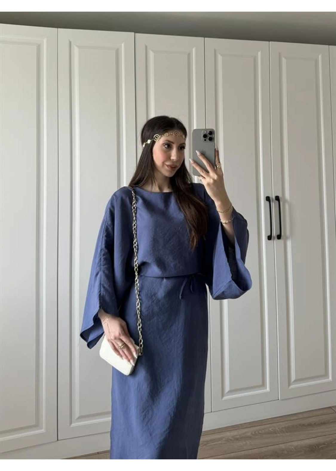 Laila Tensel Basic Kuşaklı İndigo  Elbise