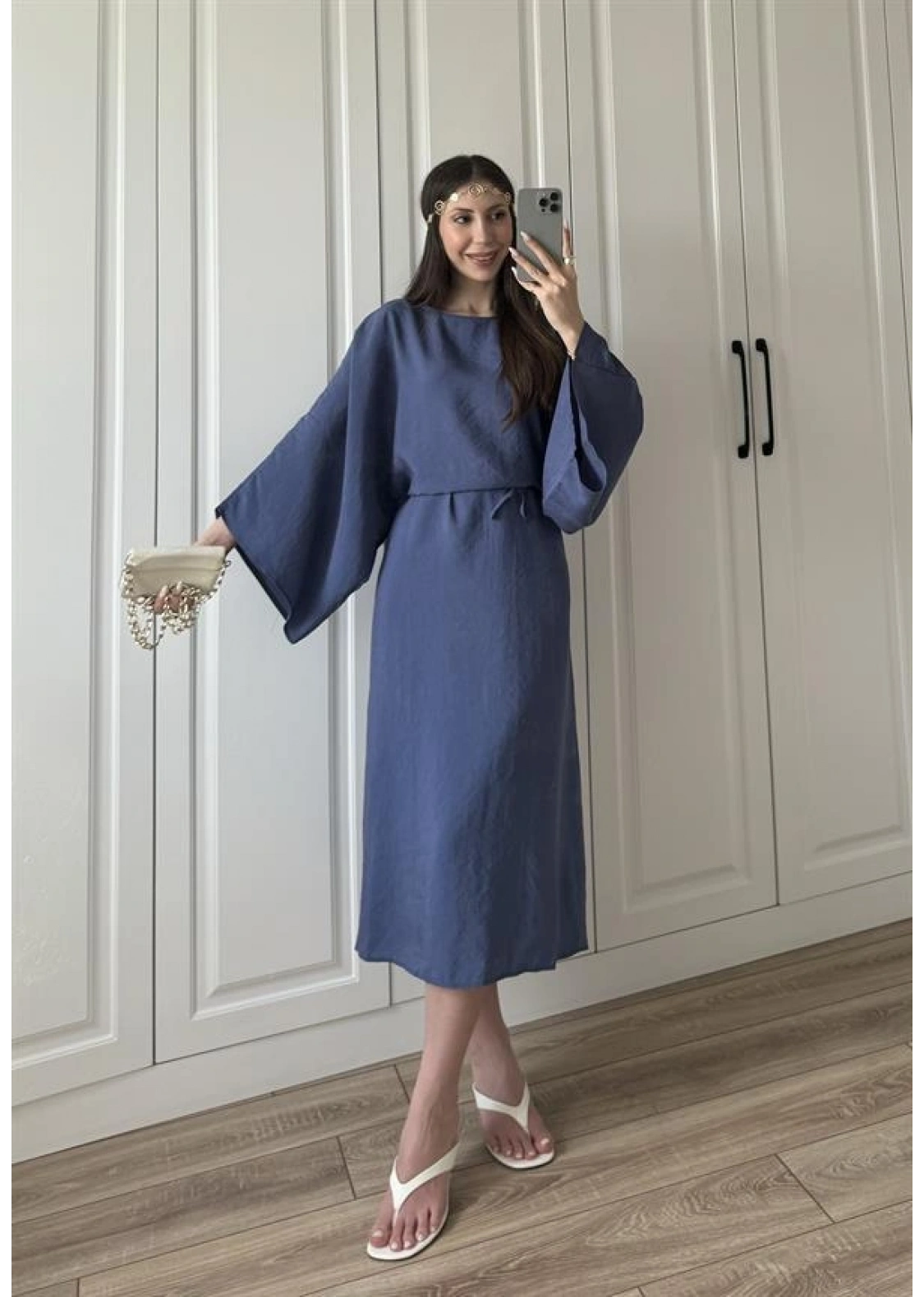Laila Tensel Basic Kuşaklı İndigo  Elbise