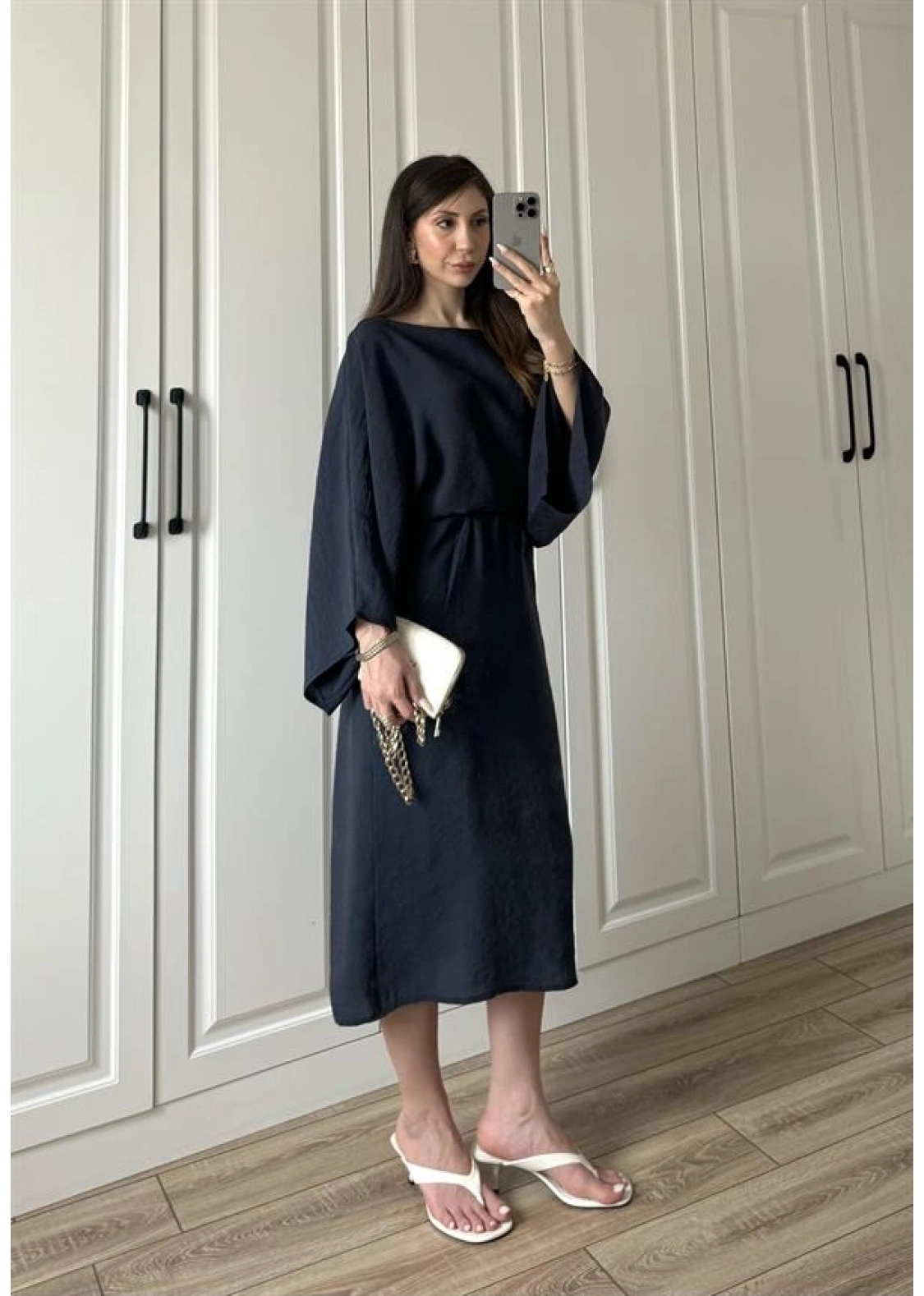 Laila Tensel Basic Kuşaklı Lacivert Elbise