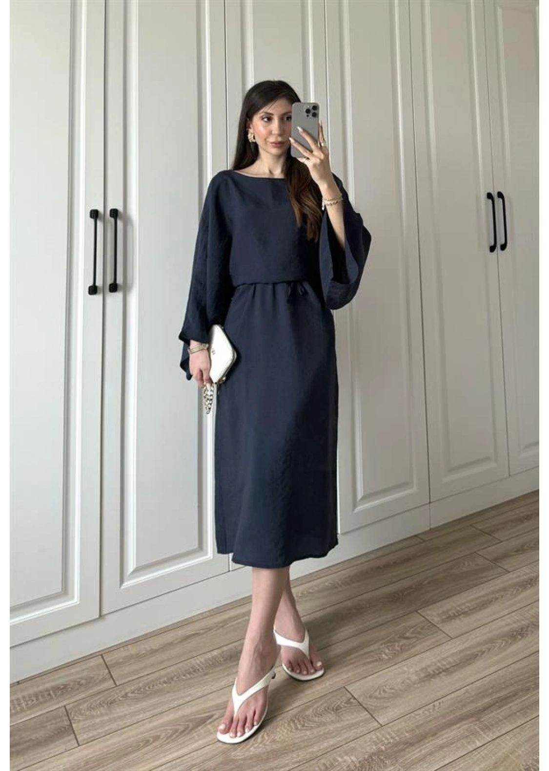 Laila Tensel Basic Kuşaklı Lacivert Elbise