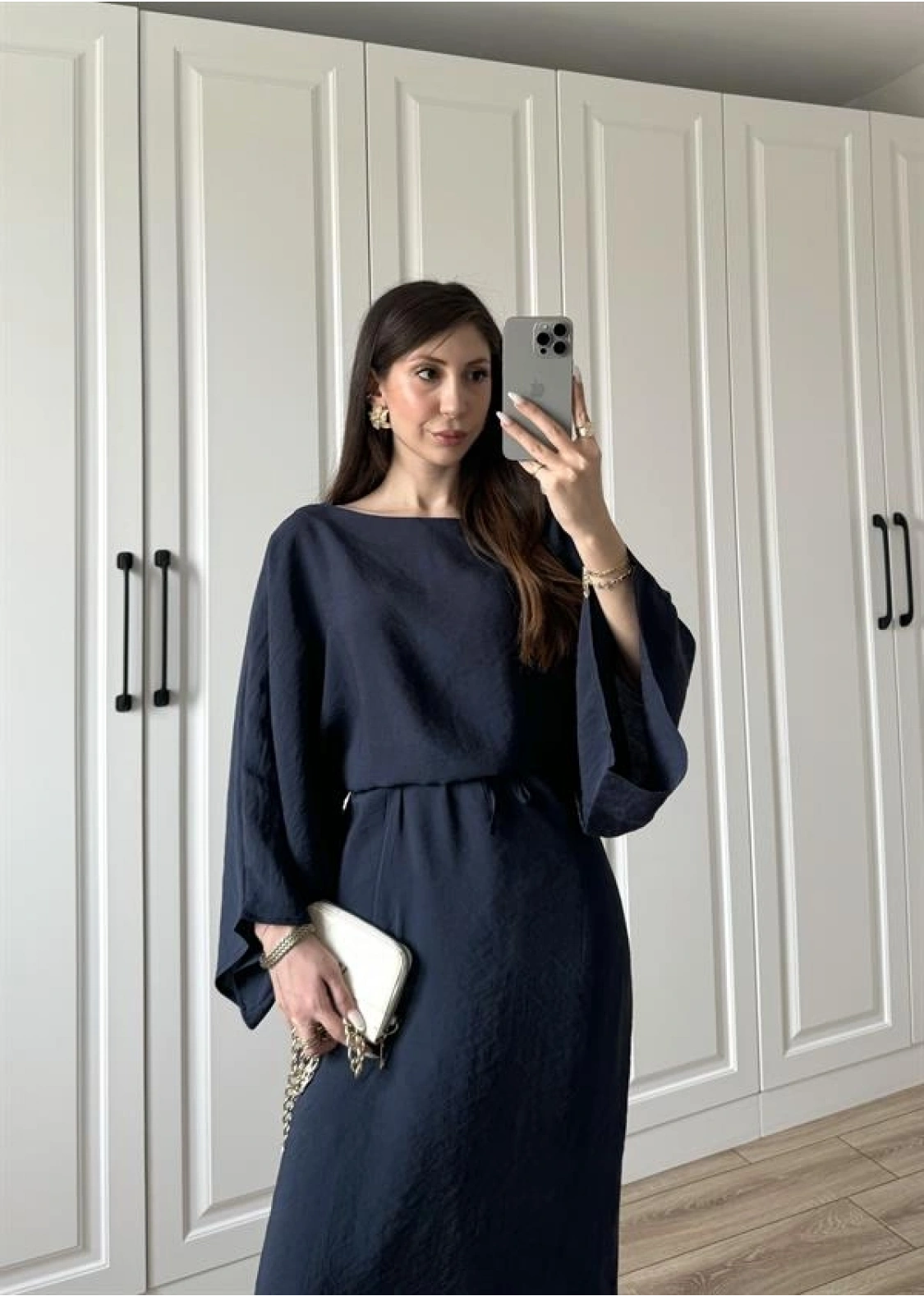 Laila Tensel Basic Kuşaklı Lacivert Elbise