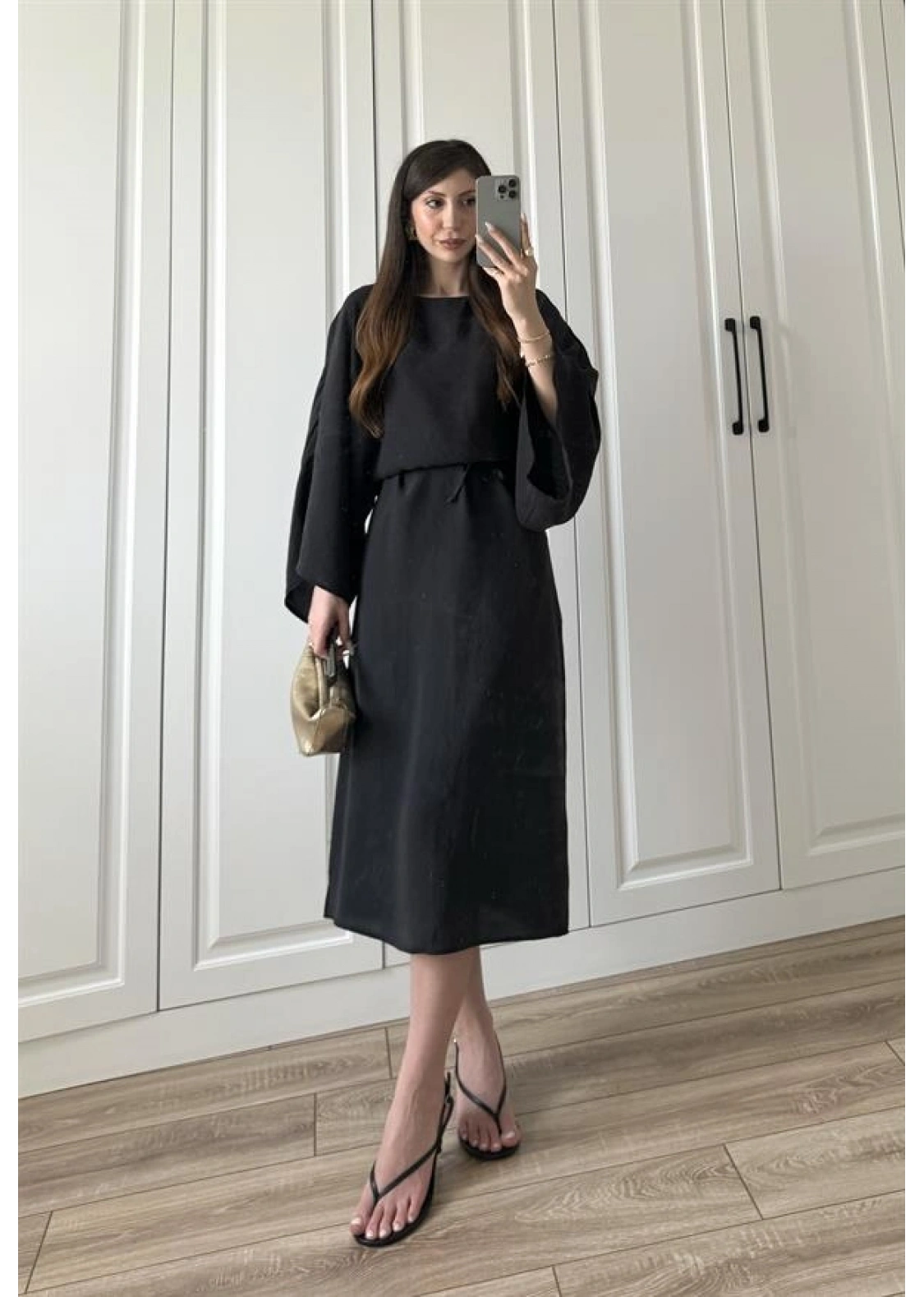 Laila Tensel Basic Kuşaklı Siyah Elbise