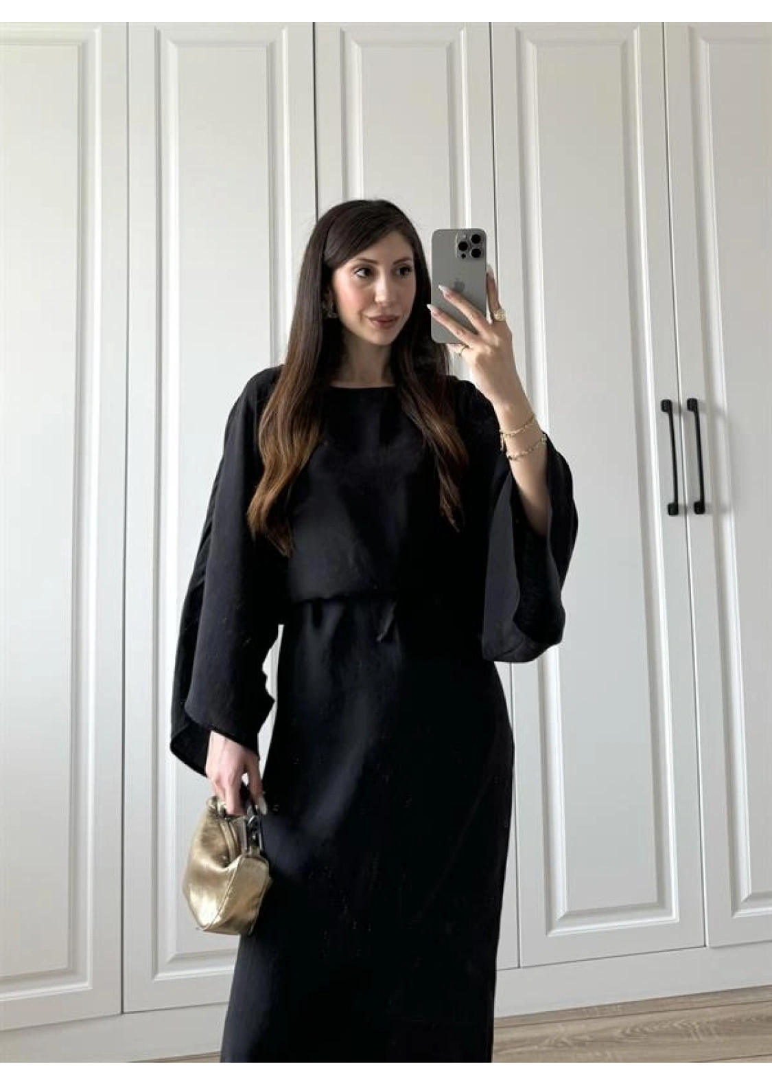 Laila Tensel Basic Kuşaklı Siyah Elbise