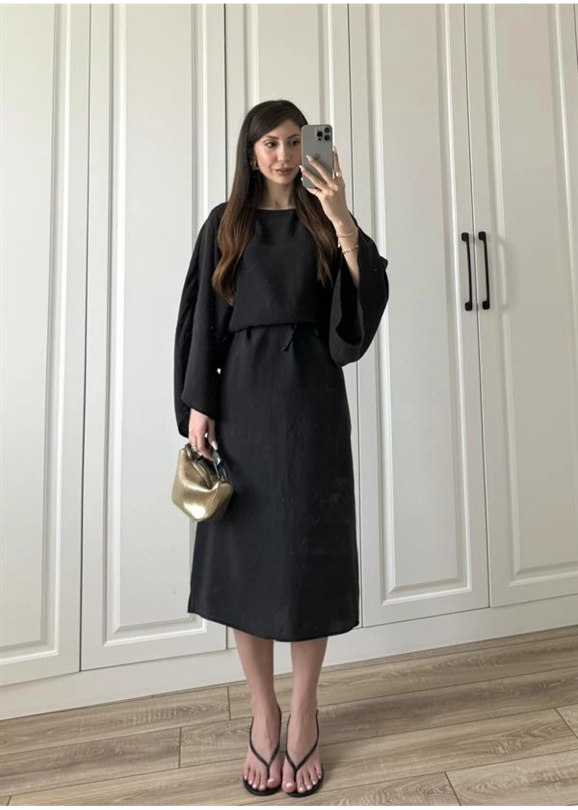 Laila Tensel Basic Kuşaklı Siyah Elbise