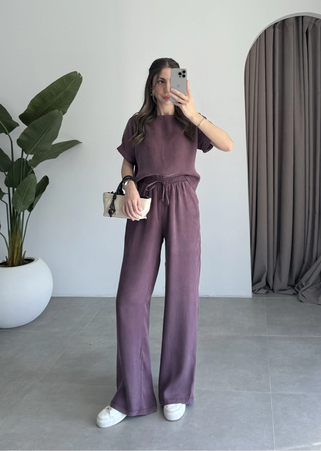 Lea Tensel Bordo Basic Bluz Takım