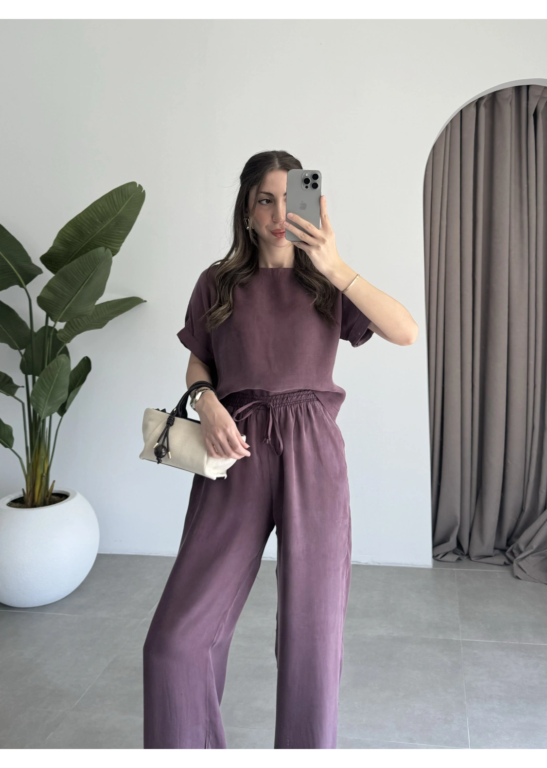 Lea Tensel Bordo Basic Bluz Takım