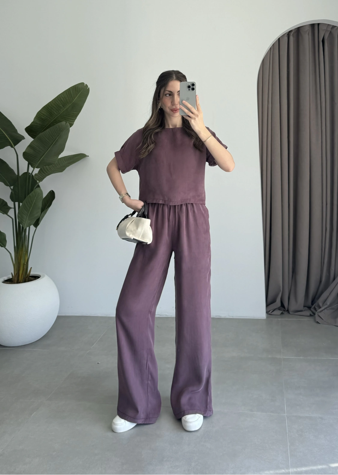 Lea Tensel Bordo Basic Bluz Takım