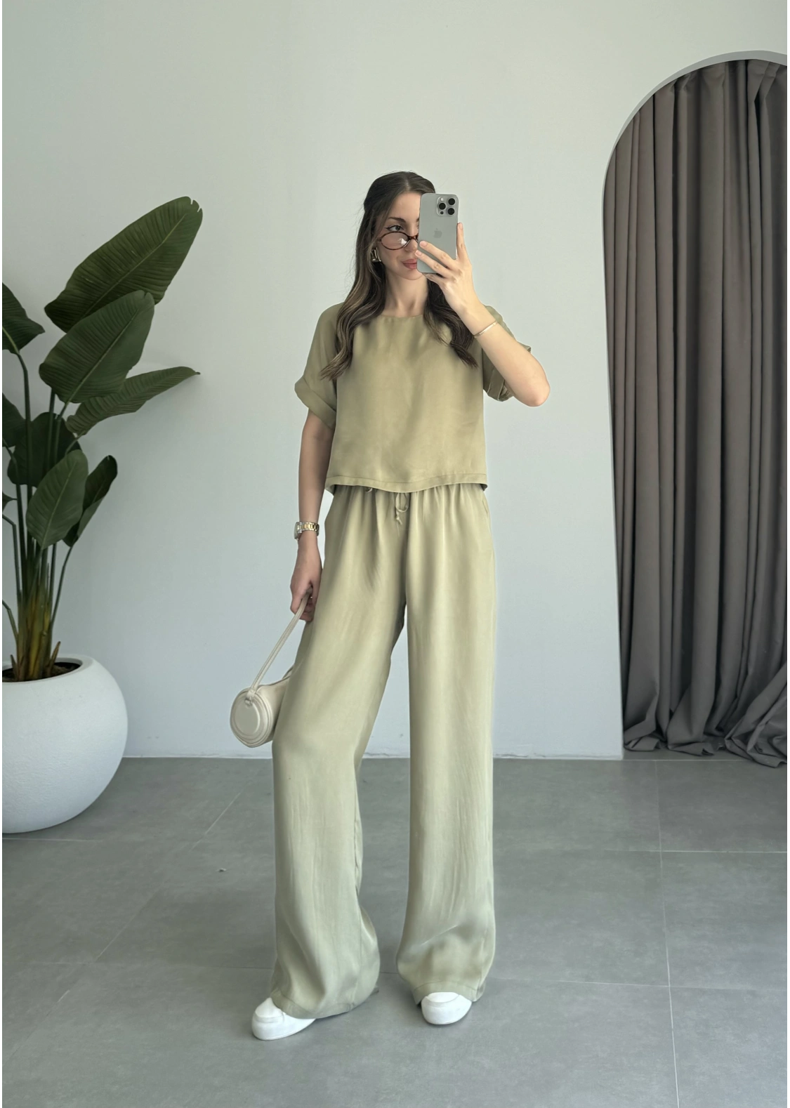 Lea Tensel Haki Basic Bluz Takım