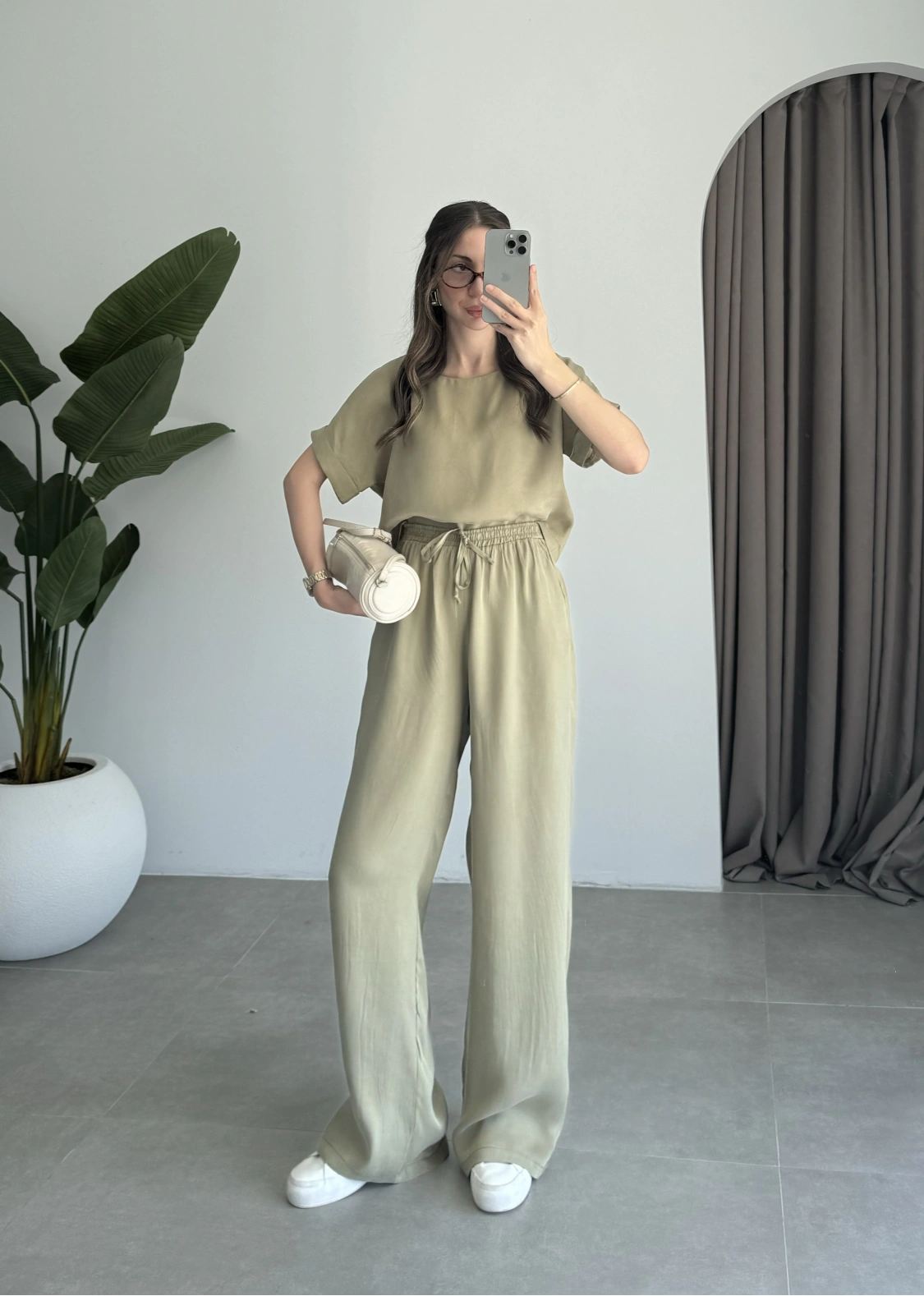 Lea Tensel Haki Basic Bluz Takım