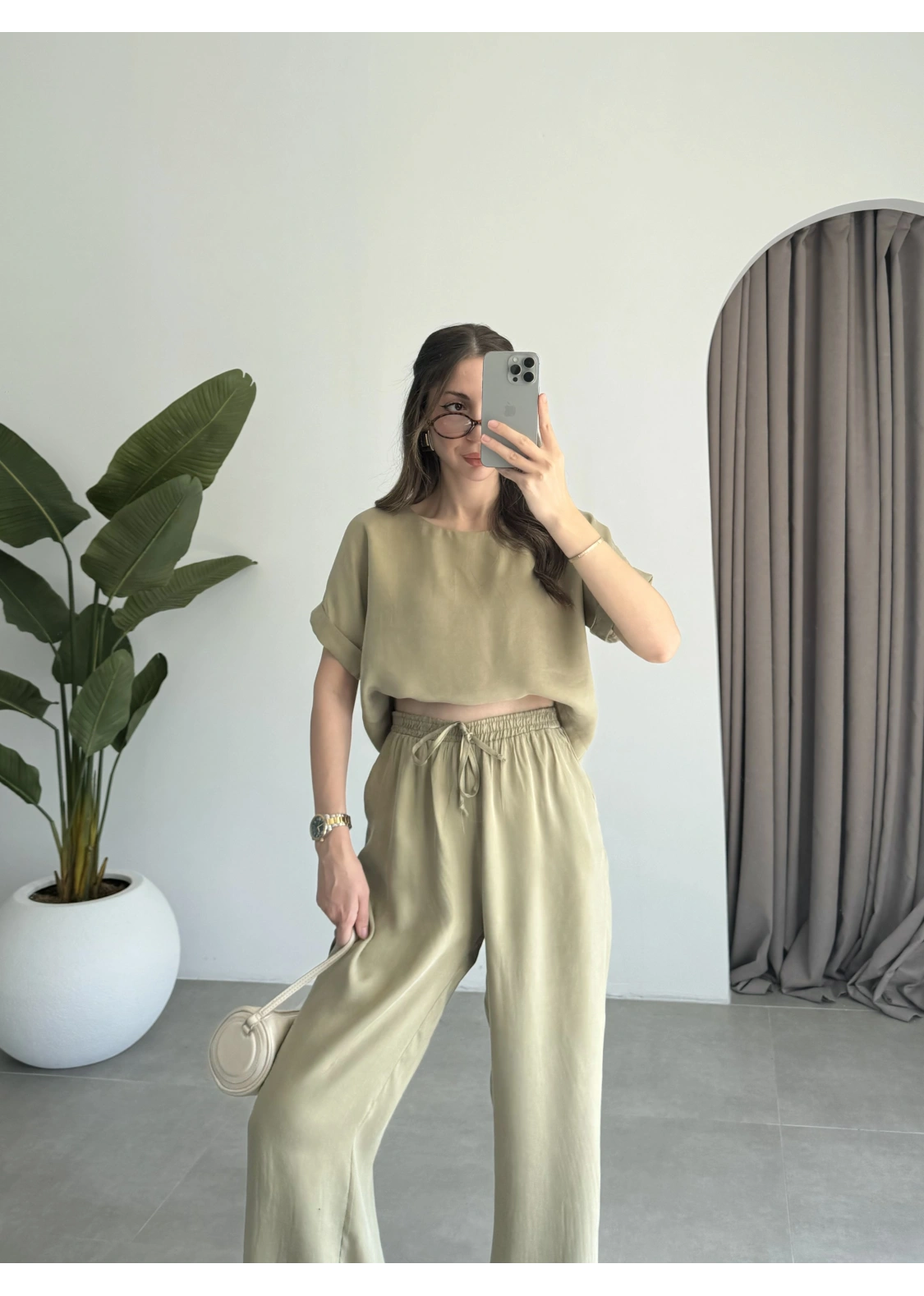 Lea Tensel Haki Basic Bluz Takım