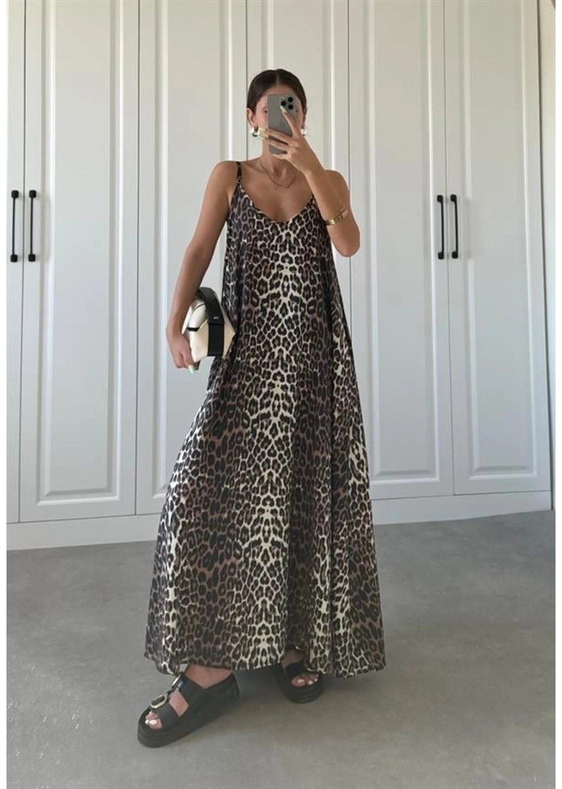 Leopar Askılı Oversize Elbise