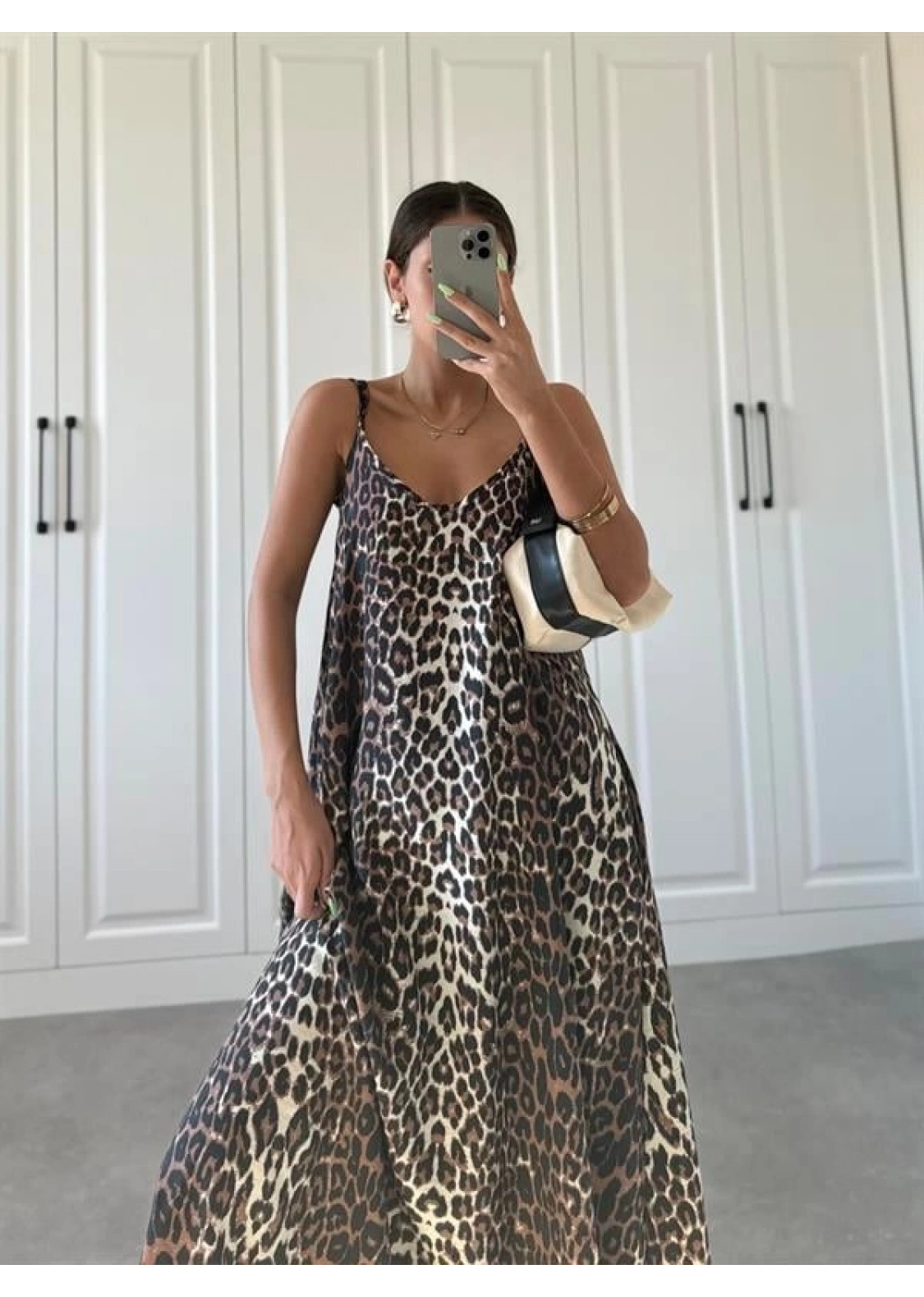 Leopar Askılı Oversize Elbise