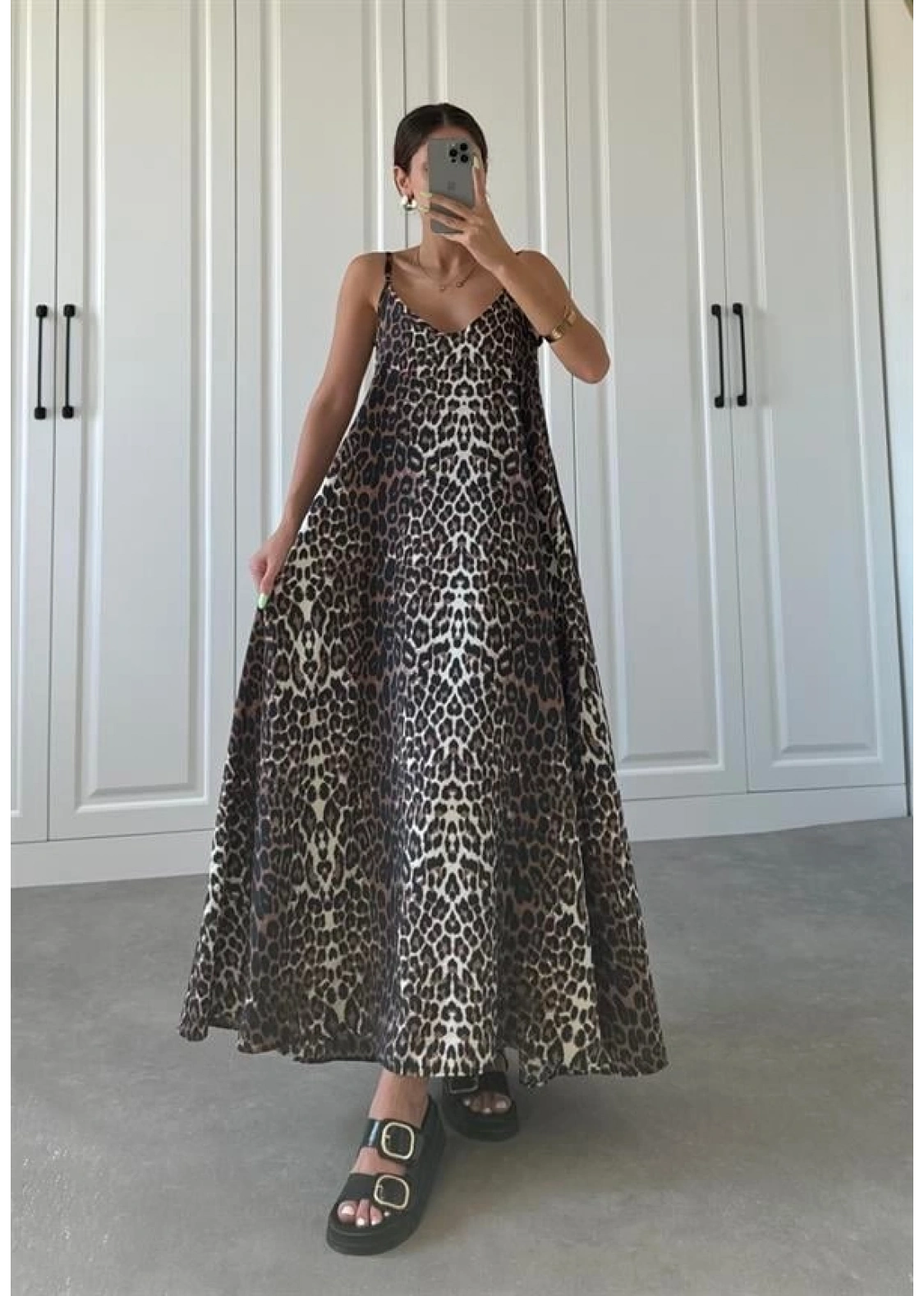 Leopar Askılı Oversize Elbise