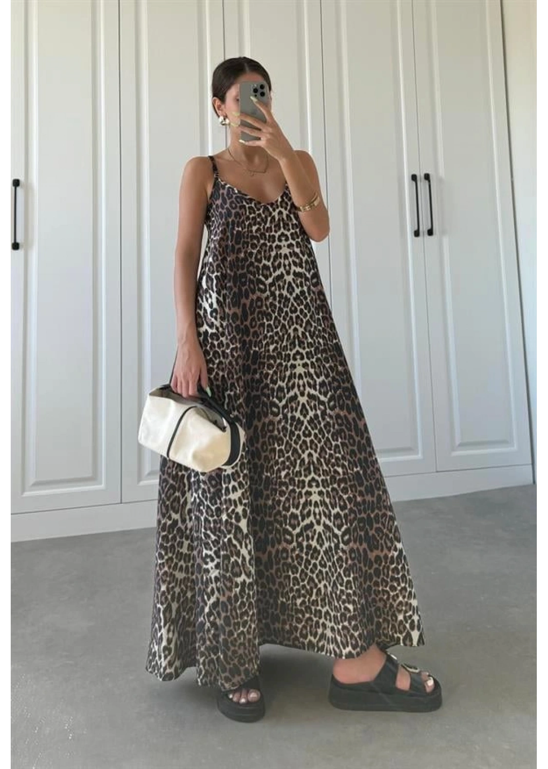 Leopar Askılı Oversize Elbise
