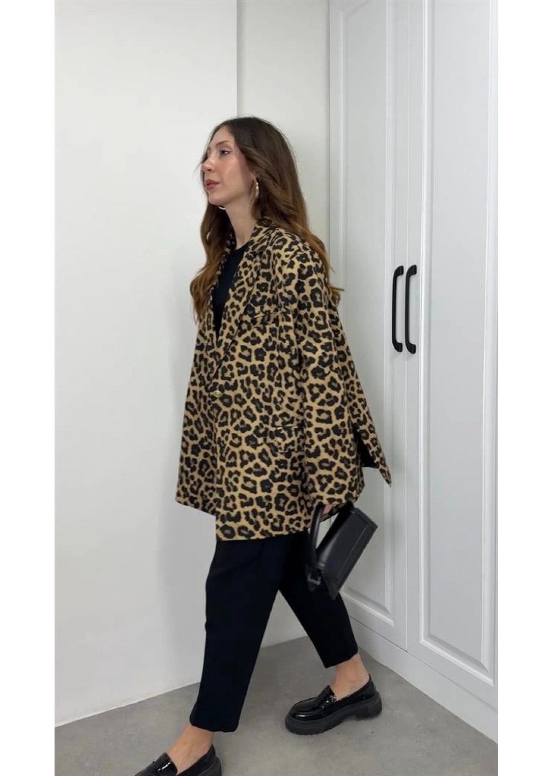 Leopar Astarlı Oversize Blazer Ceket