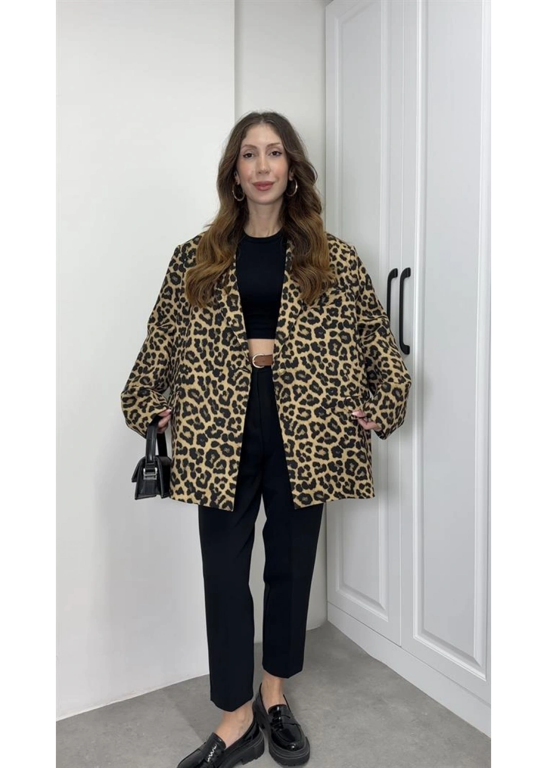 Leopar Astarlı Oversize Blazer Ceket