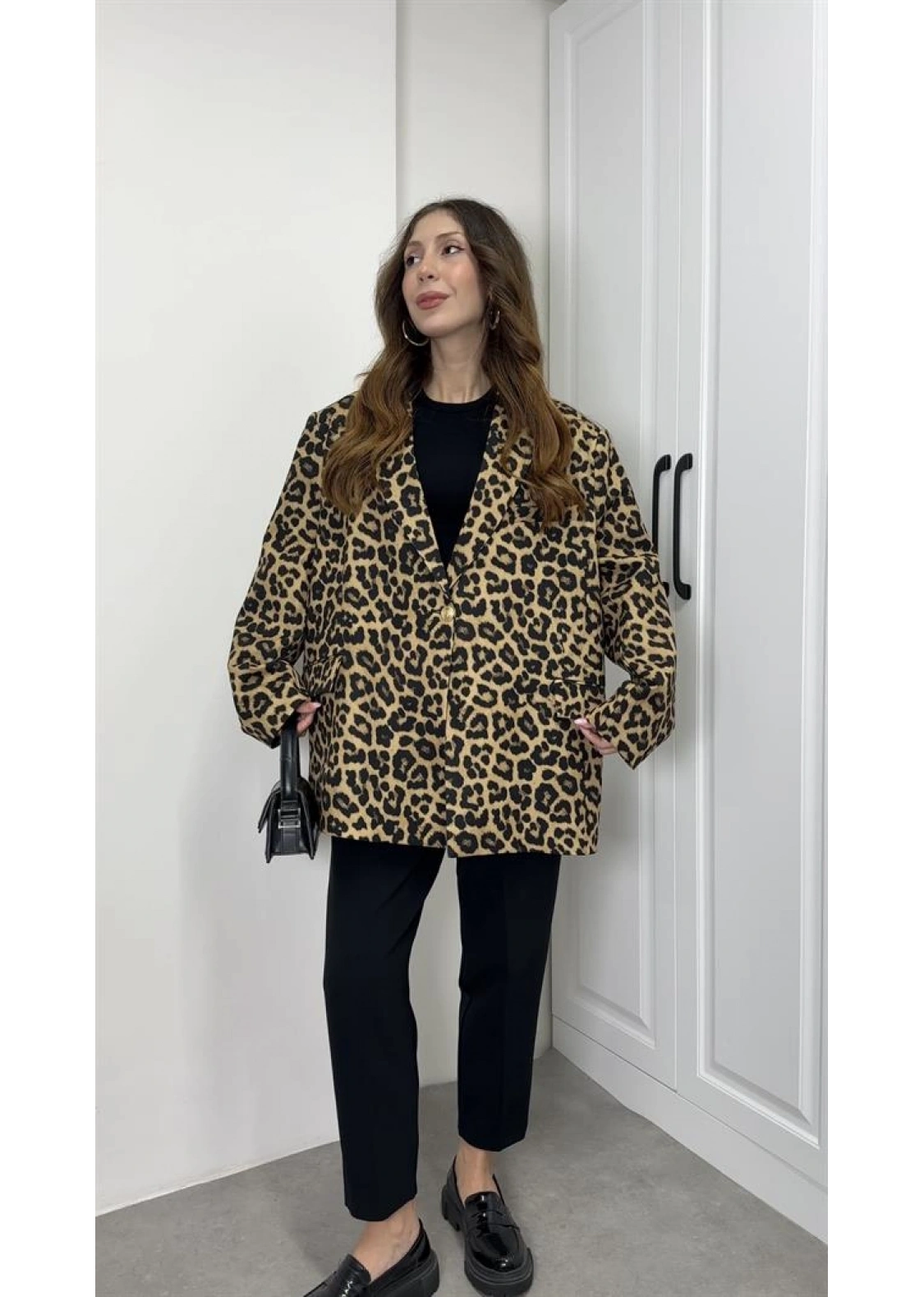Leopar Astarlı Oversize Blazer Ceket
