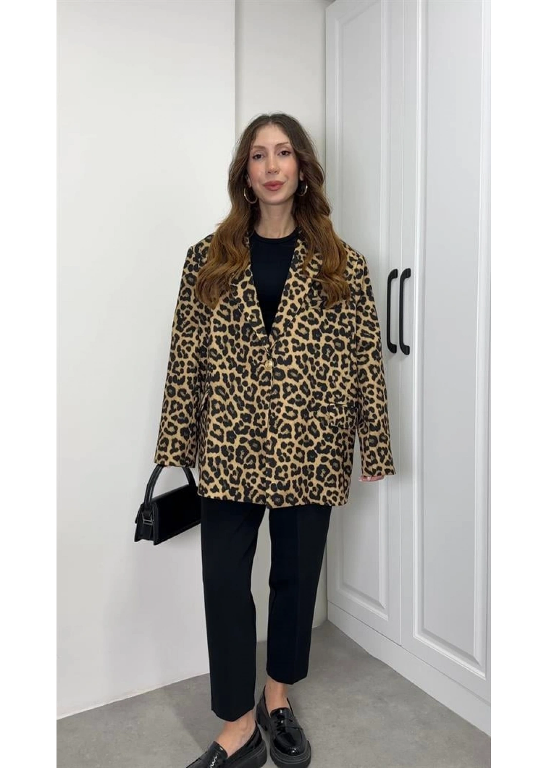 Leopar Astarlı Oversize Blazer Ceket