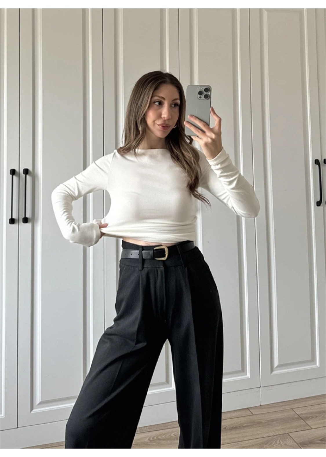 Likralı Uzun Kol Beyaz Body