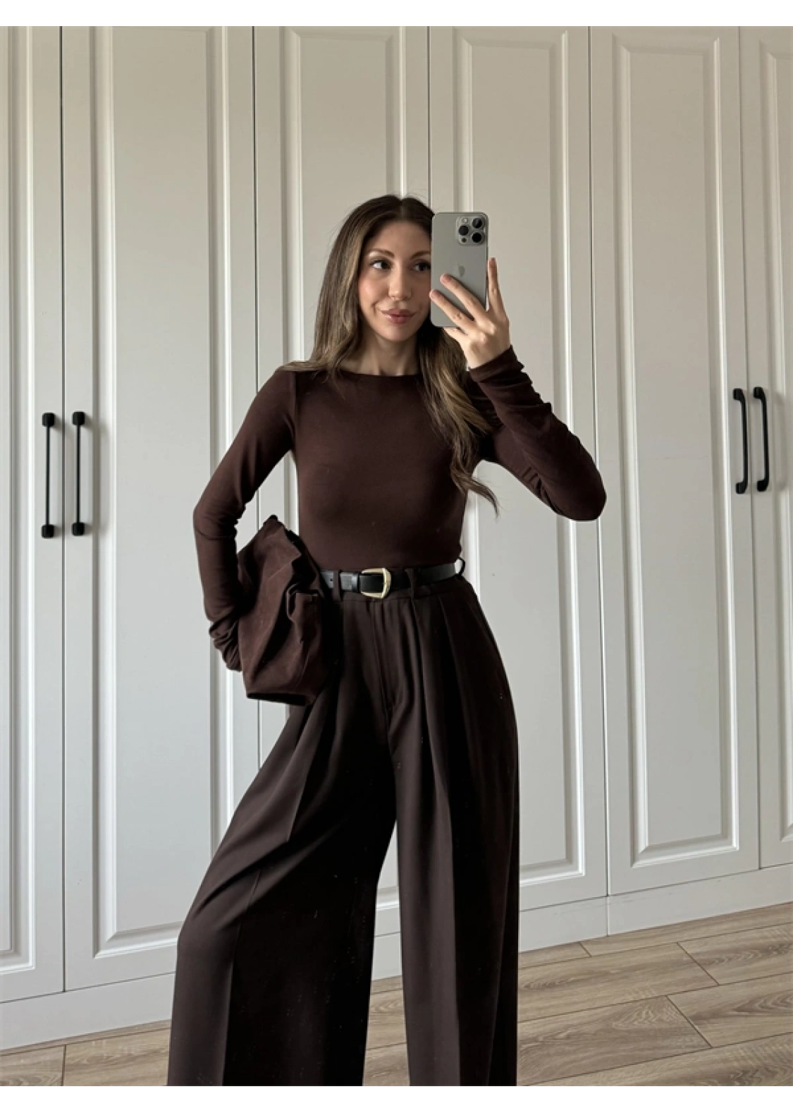 Likralı Uzun Kol Kahve Body