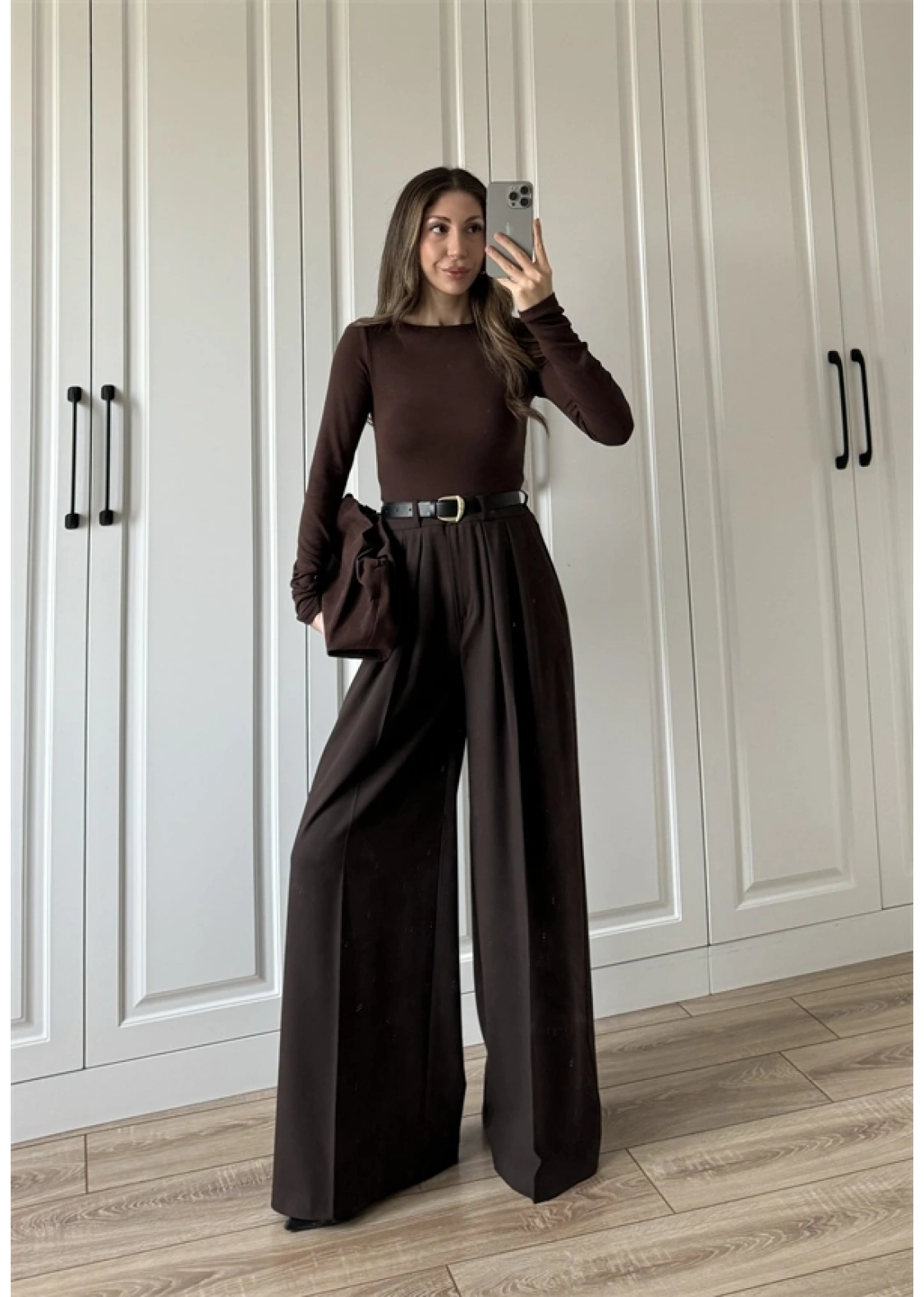 Likralı Uzun Kol Kahve Body