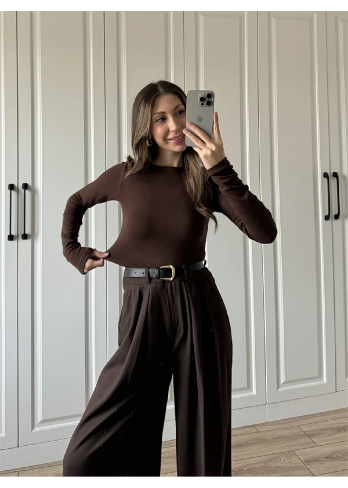 Likralı Uzun Kol Kahve Body