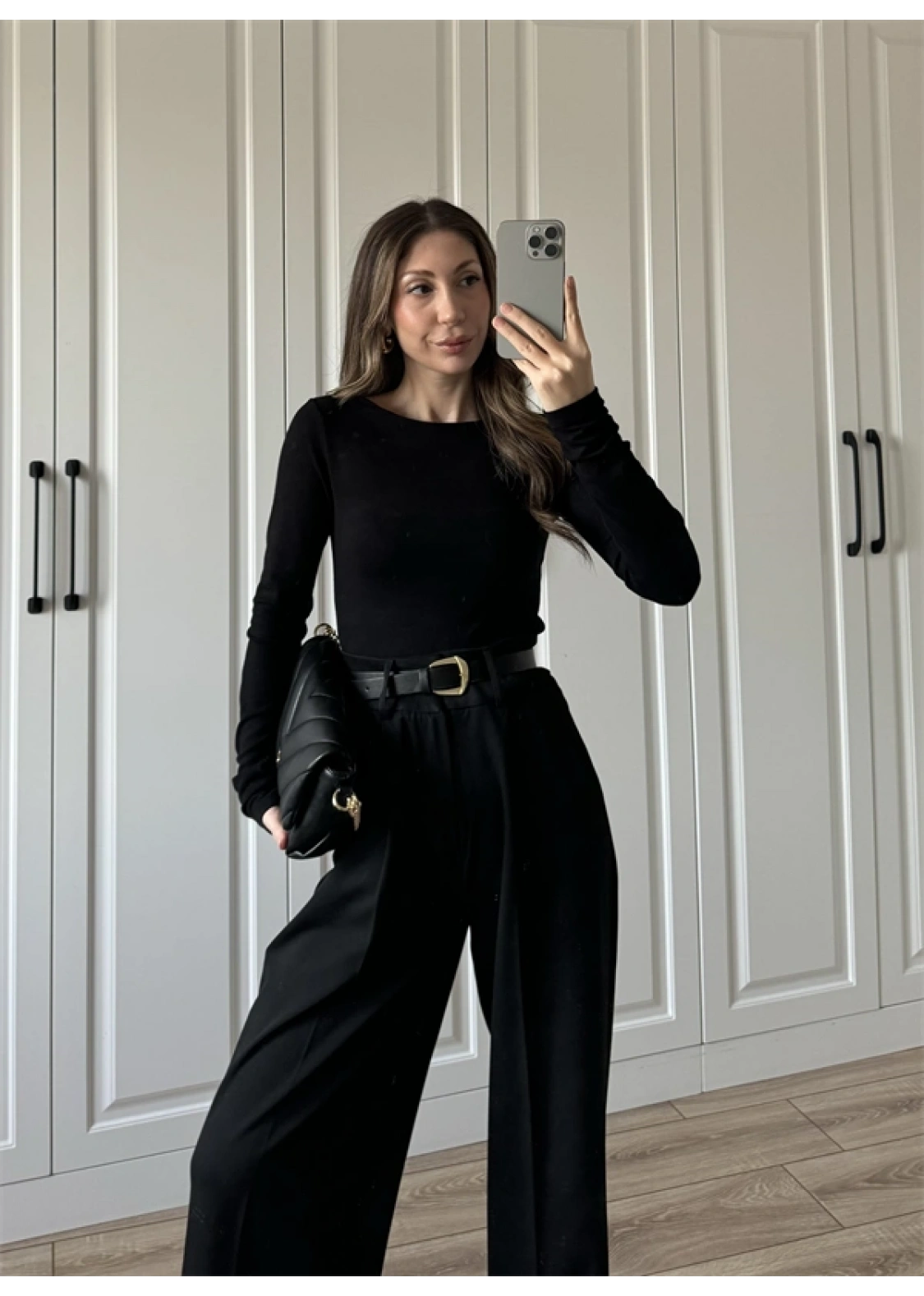 Likralı Uzun Kol Siyah Body