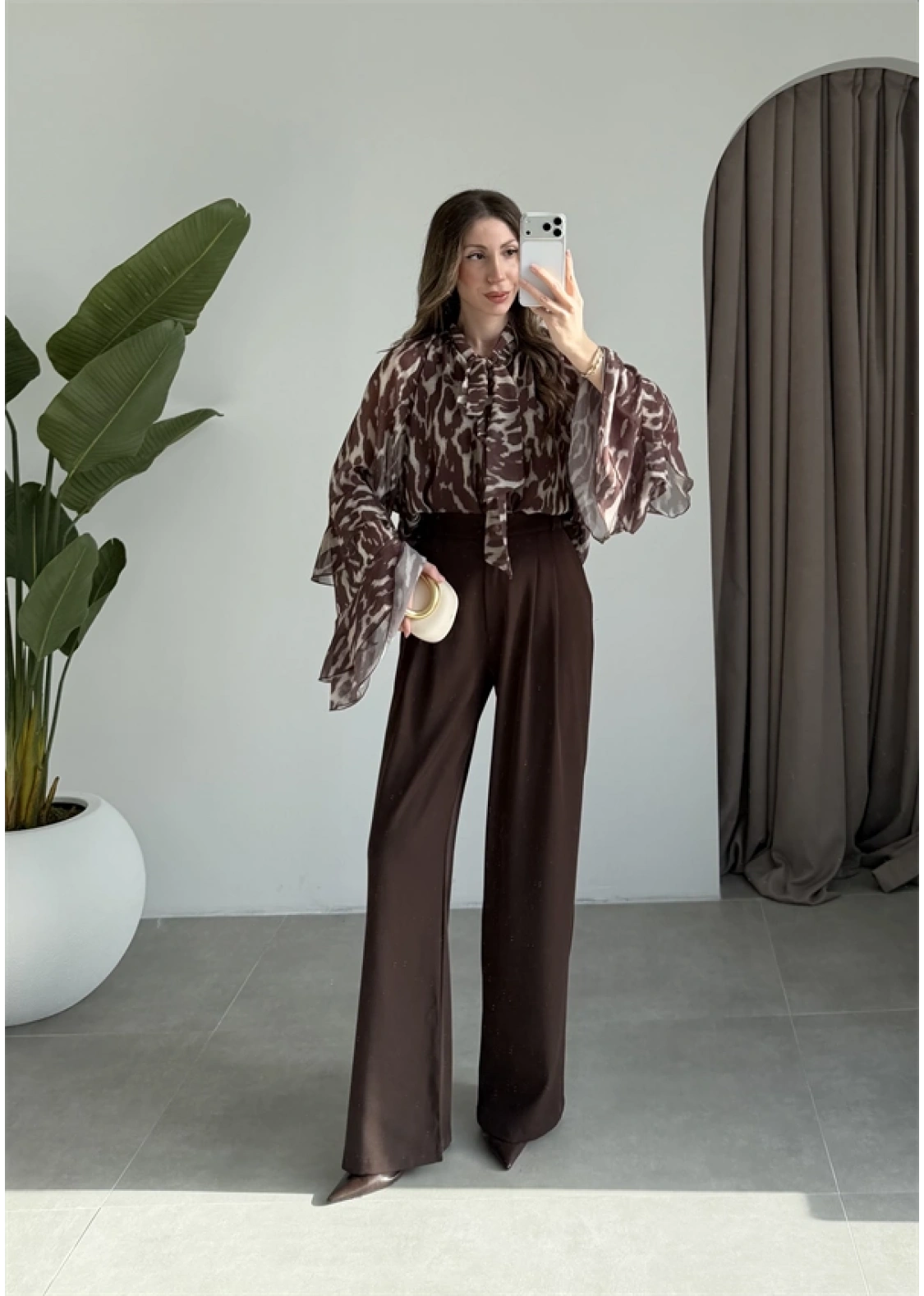 Lily Kahve Desenli Tül Bluz