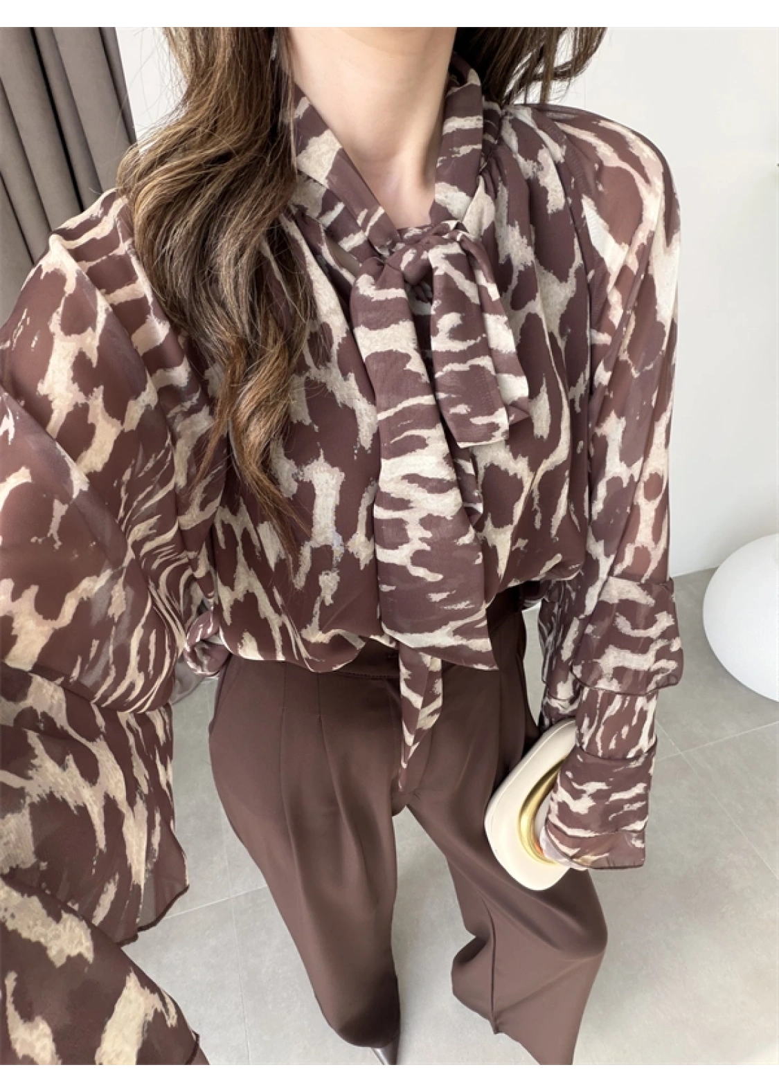 Lily Kahve Desenli Tül Bluz