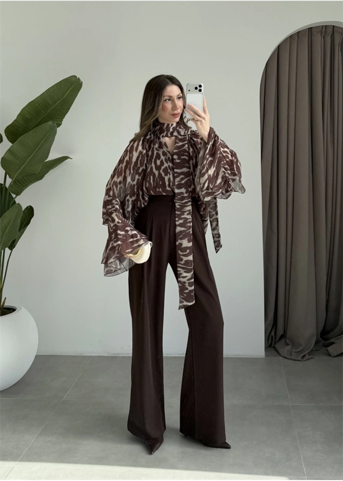 Lily Kahve Desenli Tül Bluz