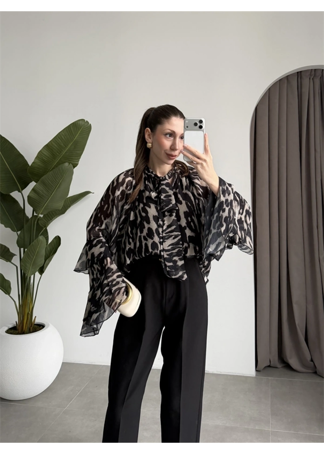 Lily Siyah Desenli Tül Bluz