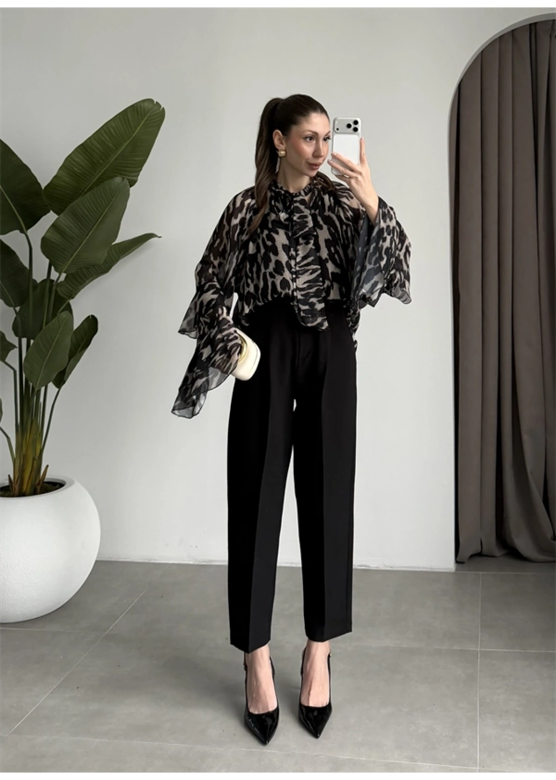 Lily Siyah Desenli Tül Bluz