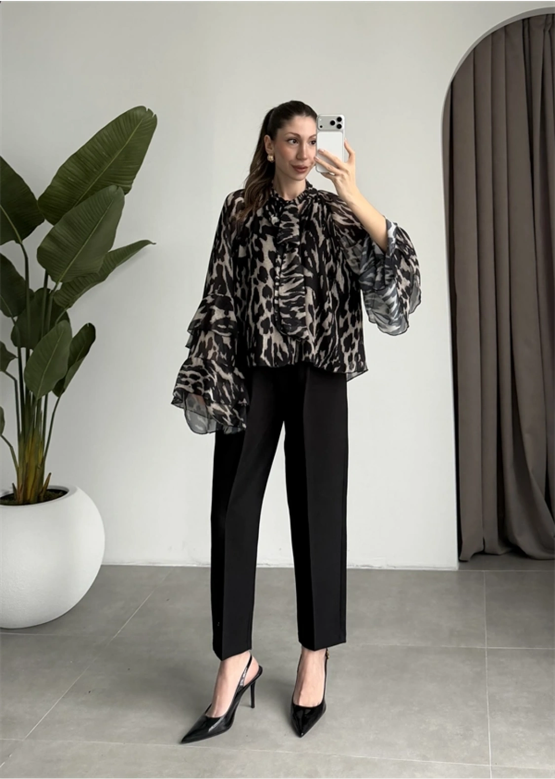 Lily Siyah Desenli Tül Bluz