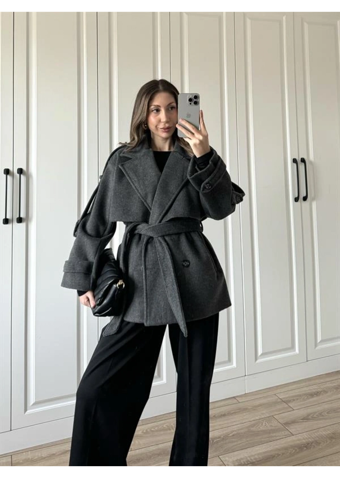 Luxe Astarlı Yün Dokulu Premium Antrasit Kaban