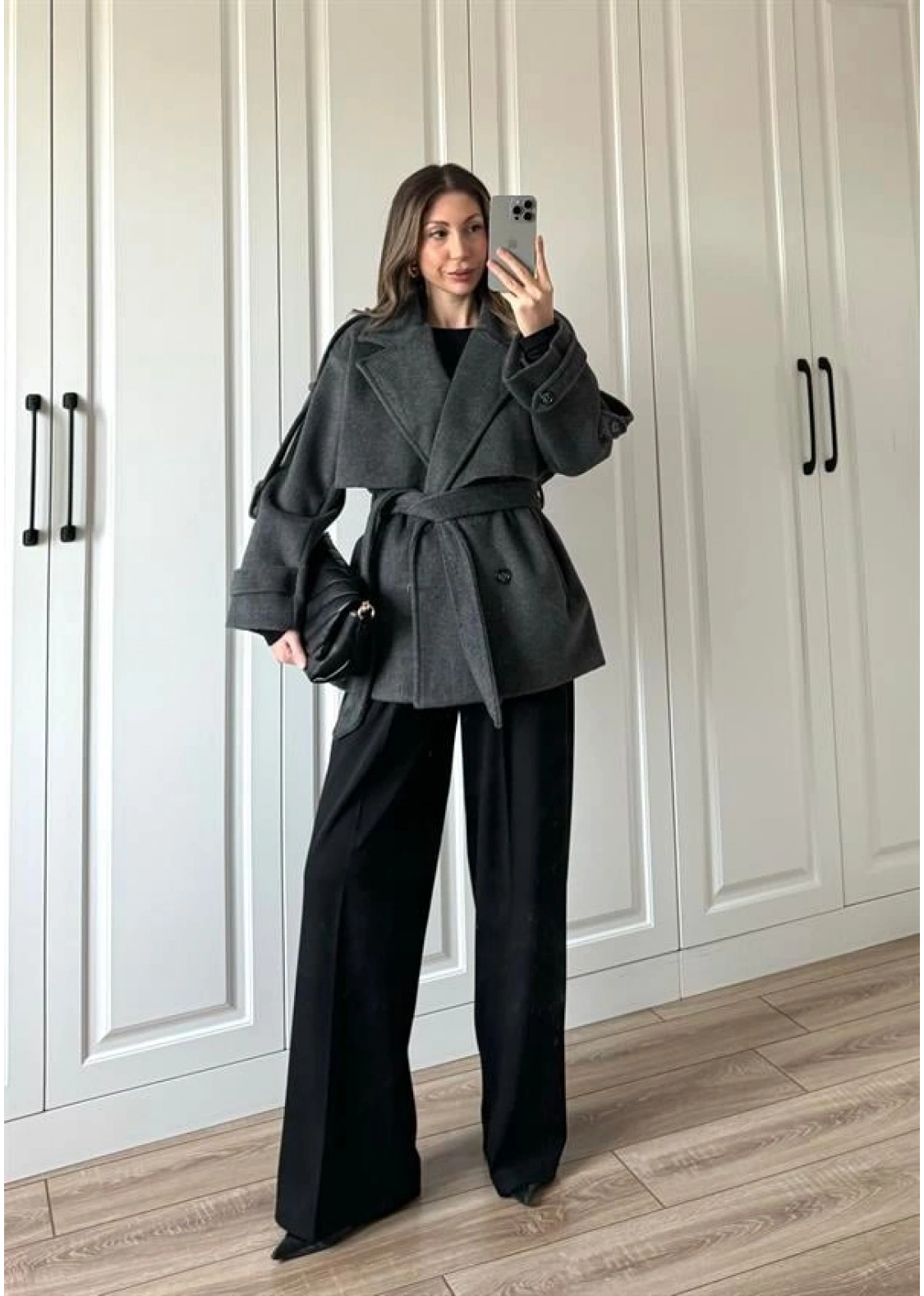 Luxe Astarlı Yün Dokulu Premium Antrasit Kaban