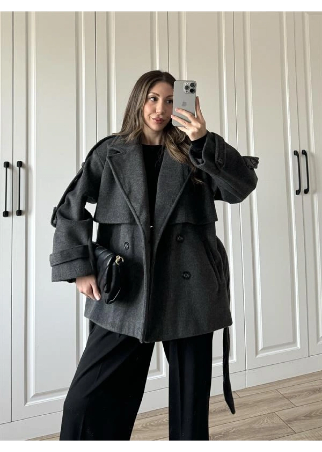 Luxe Astarlı Yün Dokulu Premium Antrasit Kaban