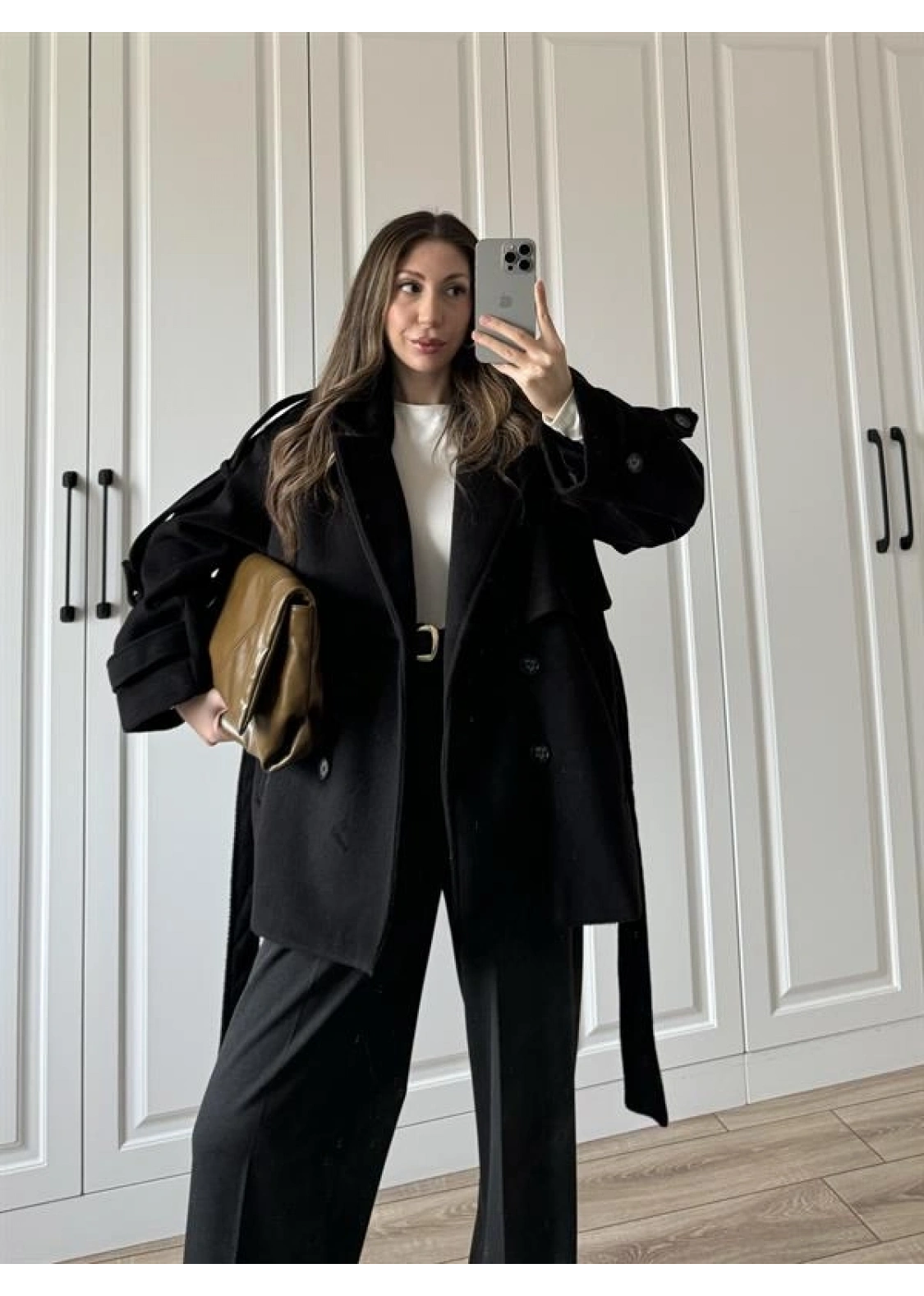 Luxe Astarlı Yün Dokulu Premium Siyah Kaban