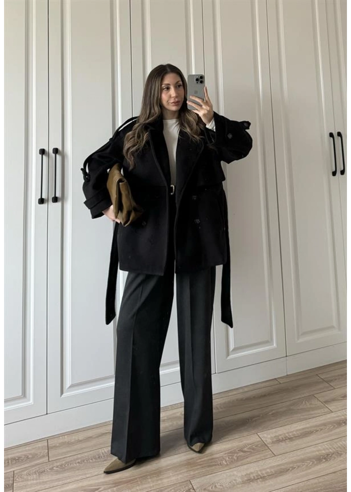 Luxe Astarlı Yün Dokulu Premium Siyah Kaban