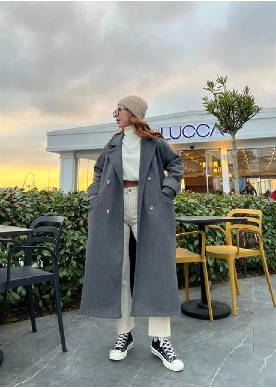 Mango Model Premium Kuşaklı Antrasit Oversize Kaban