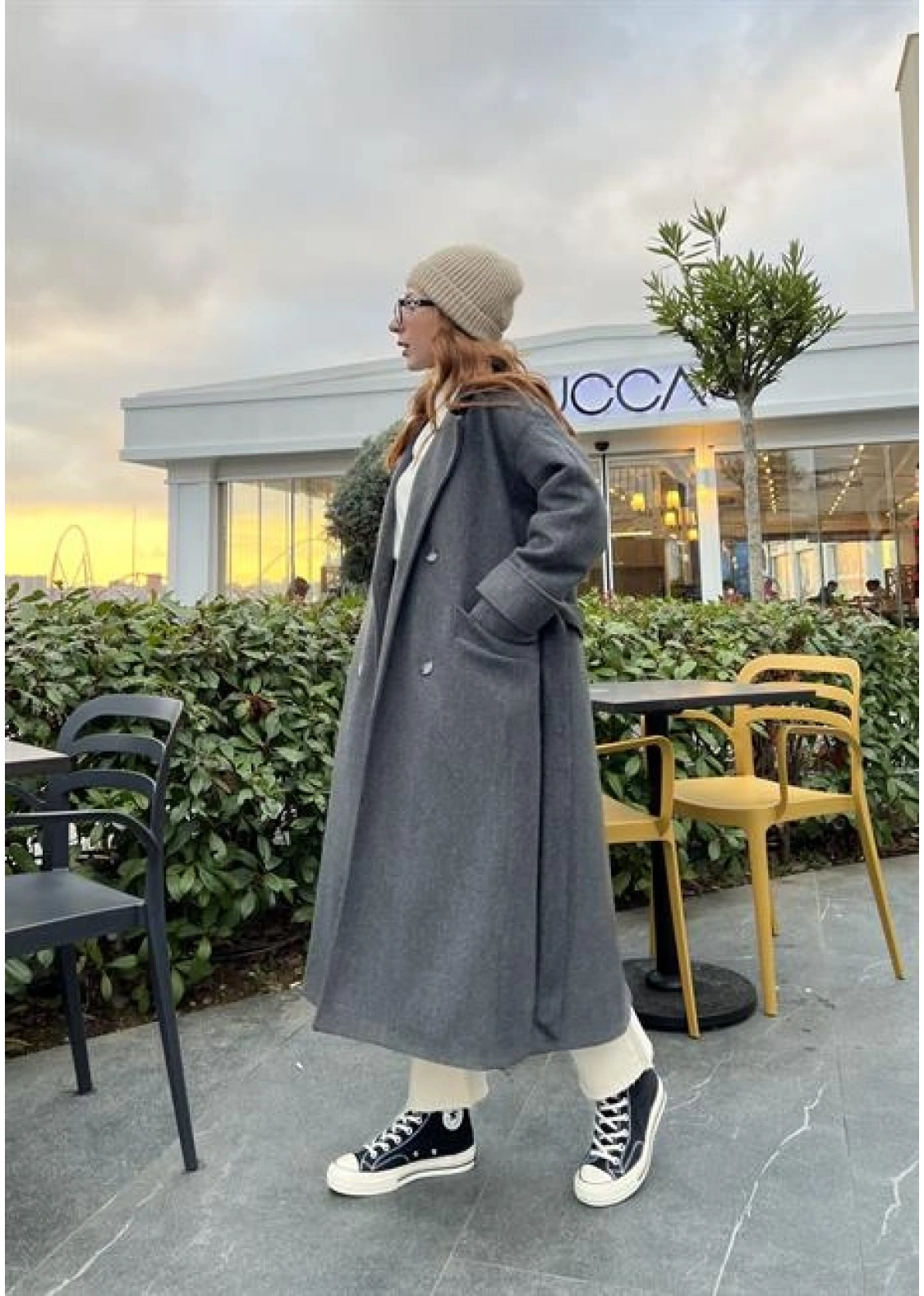 Mango Model Premium Kuşaklı Antrasit Oversize Kaban