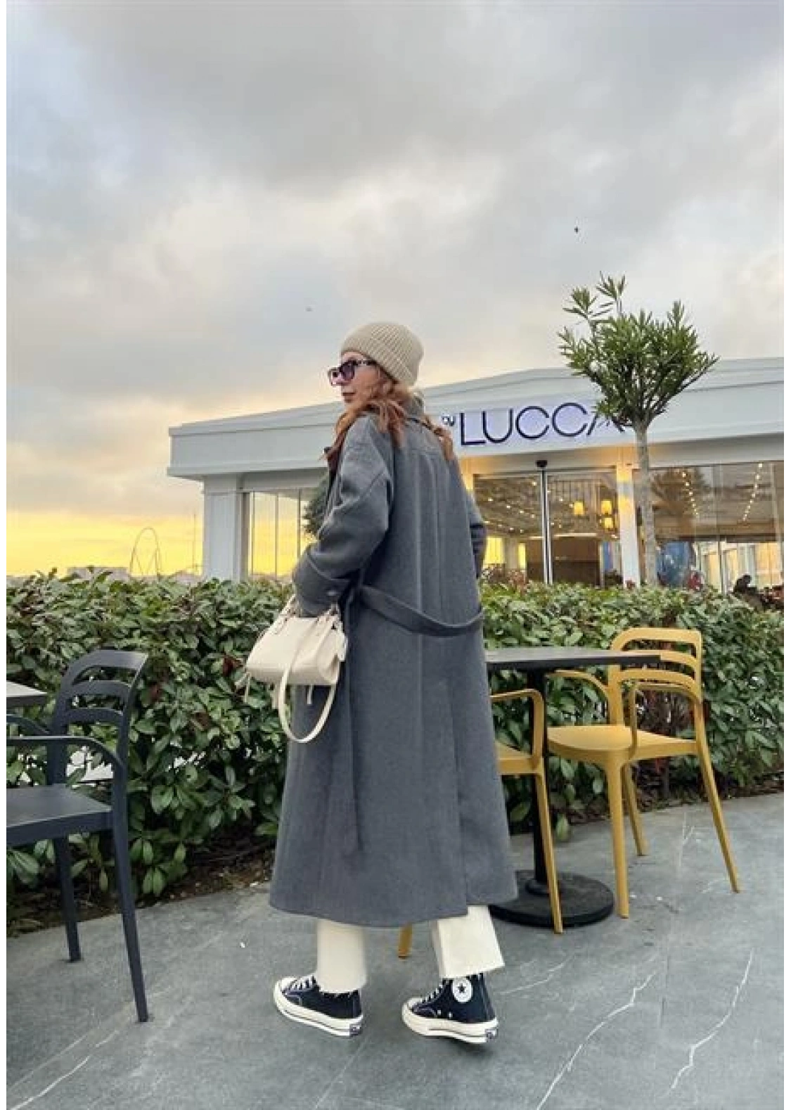 Mango Model Premium Kuşaklı Antrasit Oversize Kaban