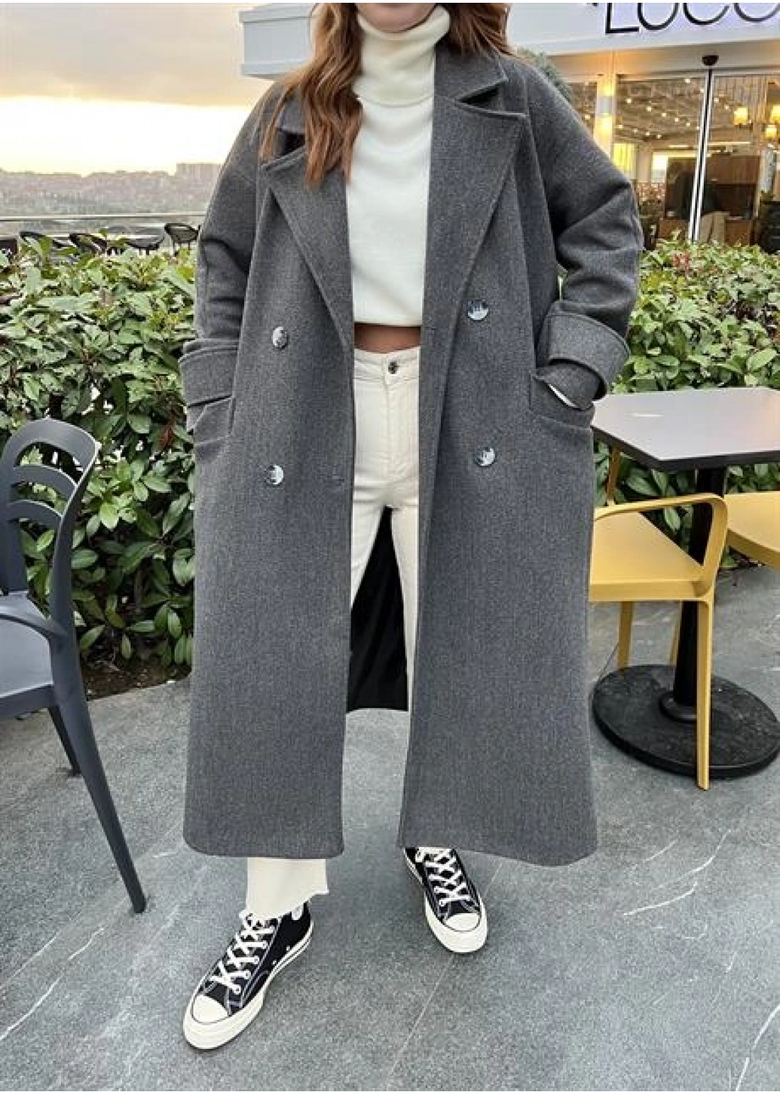 Mango Model Premium Kuşaklı Antrasit Oversize Kaban