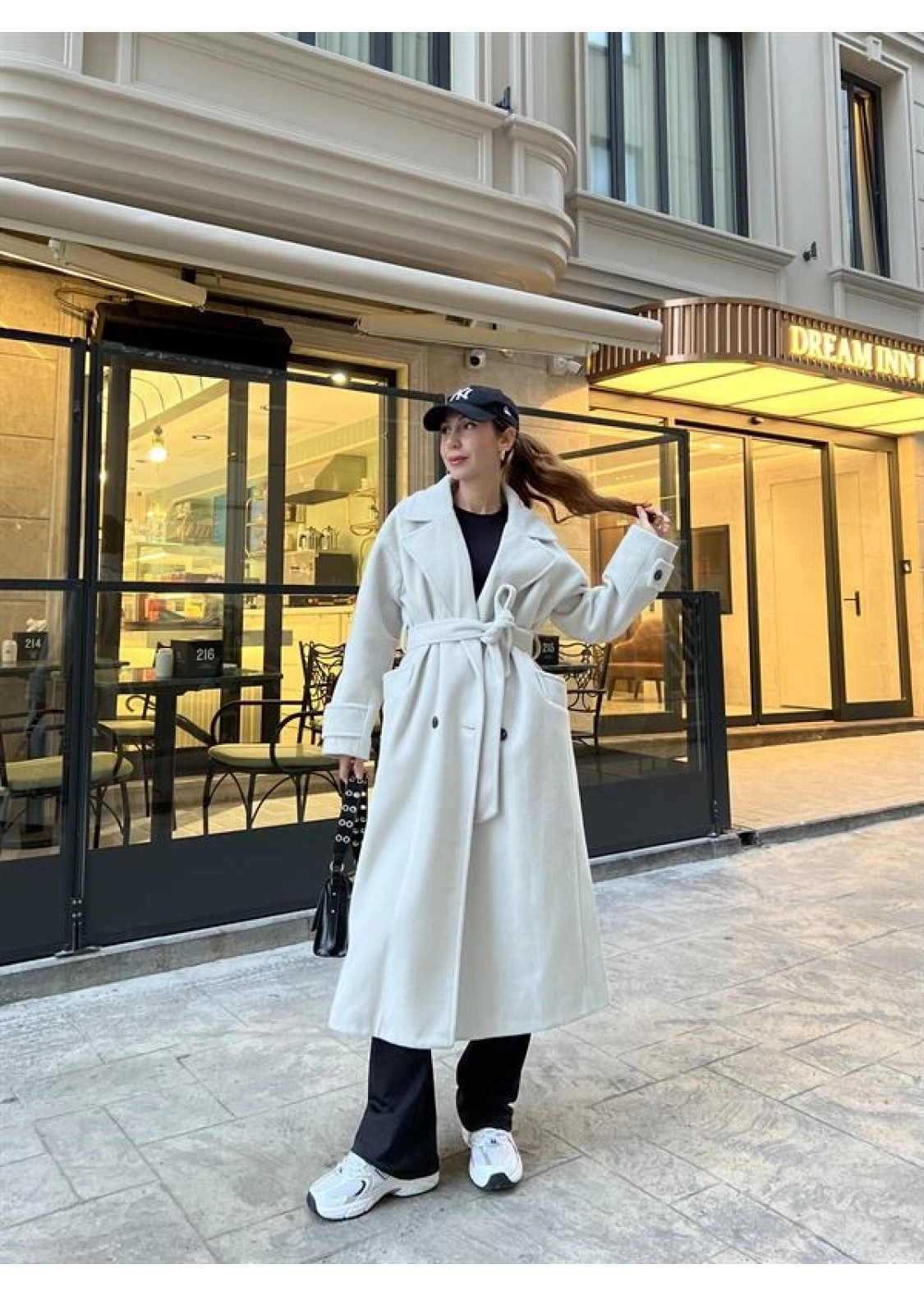 Mango Model Premium Kuşaklı Buz Gri Oversize Kaban